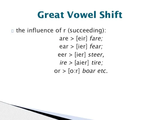 the influence of r (succeeding): are > [eir] fare; ear > [ier]