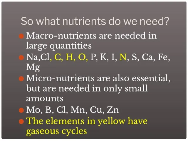 So what nutrients do we need? Macro-nutrients are needed in large quantities