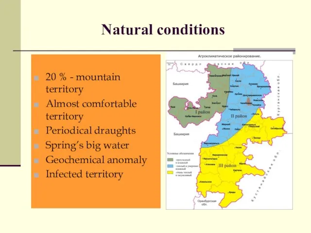 Natural conditions 20 % - mountain territory Almost comfortable territory Periodical draughts