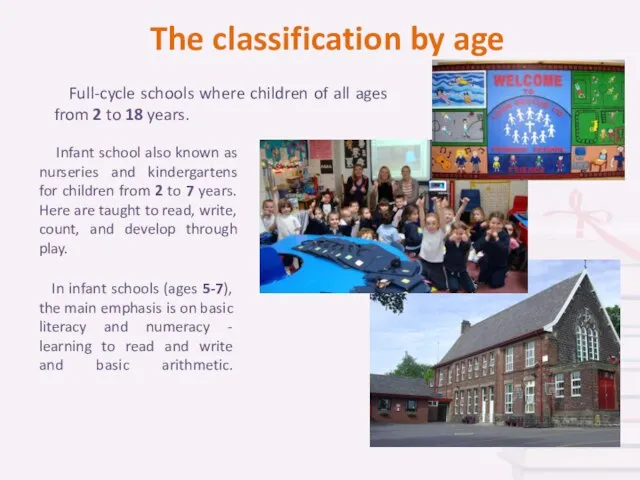 Full-cycle schools where children of all ages from 2 to 18 years.