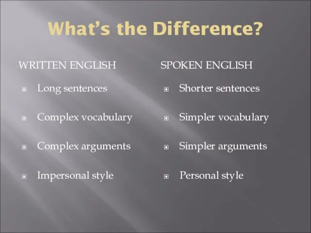What’s the Difference? WRITTEN ENGLISH SPOKEN ENGLISH Long sentences Complex vocabulary Complex