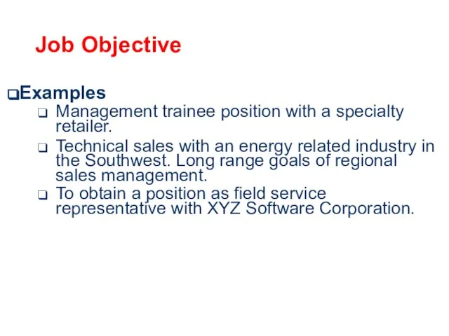 Job Objective Examples Management trainee position with a specialty retailer. Technical sales