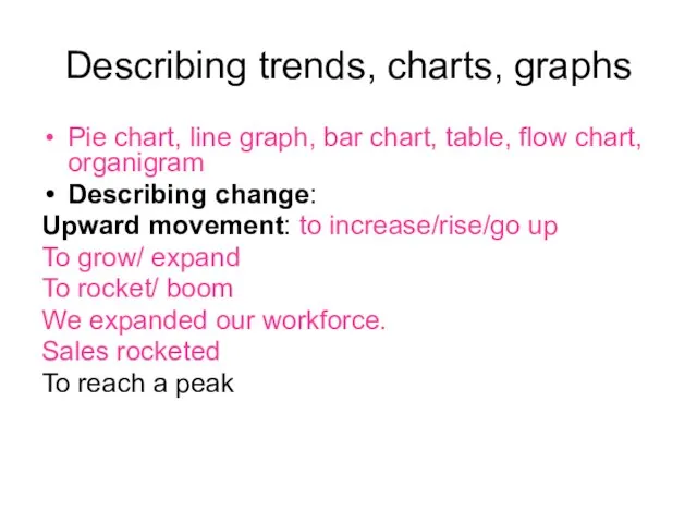 Describing trends, charts, graphs Pie chart, line graph, bar chart, table, flow