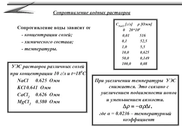 Сопротивление водных растворов Сопротивление воды зависит от - концентрации солей; - химического
