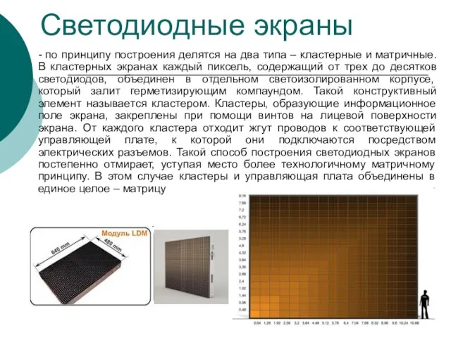 Светодиодные экраны - по принципу построения делятся на два типа – кластерные