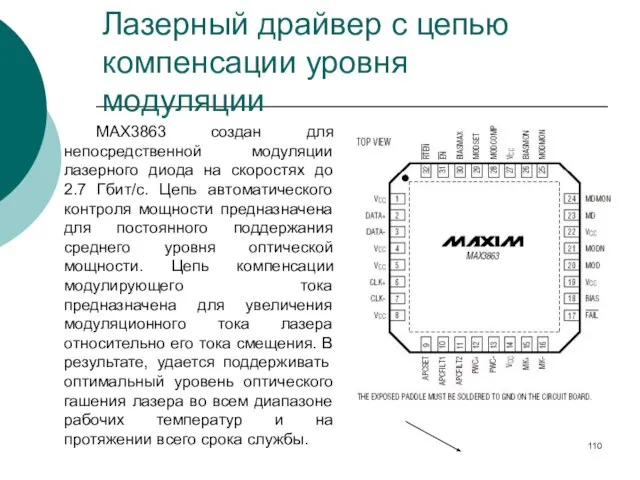 Лазерный драйвер с цепью компенсации уровня модуляции MAX3863 создан для непосредственной модуляции