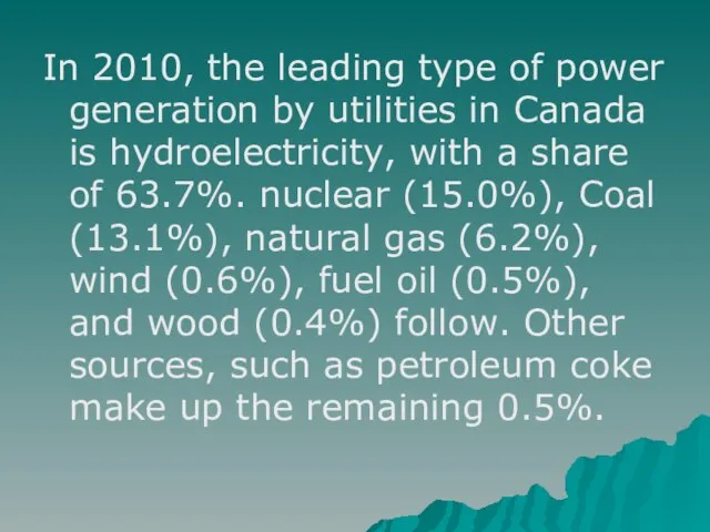 In 2010, the leading type of power generation by utilities in Canada