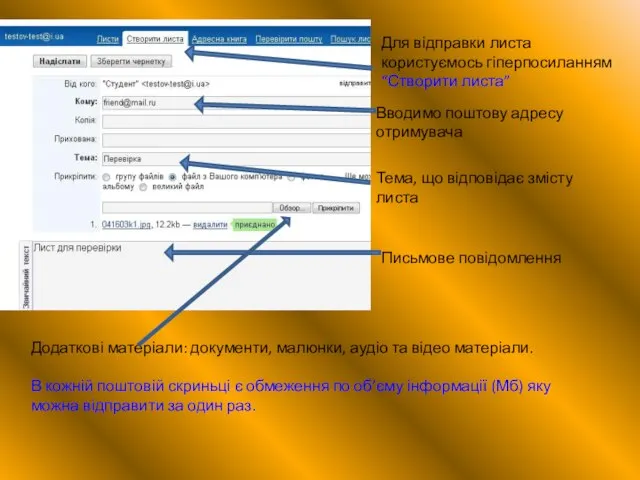 Вводимо поштову адресу отримувача Тема, що відповідає змісту листа Письмове повідомлення Додаткові