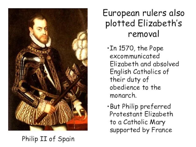 In 1570, the Pope excommunicated Elizabeth and absolved English Catholics of their