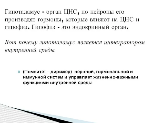 (Помните! – дирижер) нервной, гормональной и иммунной систем и управляет жизненно-важными функциями