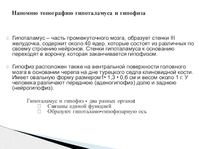 Гипоталамус – часть промежуточного мозга, образует стенки III желудочка, содержит около 40