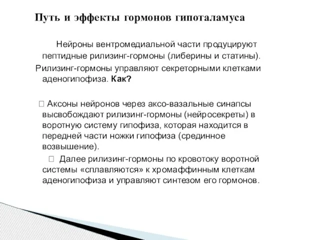 Нейроны вентромедиальной части продуцируют пептидные рилизинг-гормоны (либерины и статины). Рилизинг-гормоны управляют секреторными