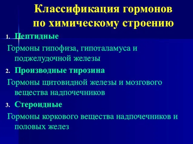 Классификация гормонов по химическому строению Пептидные Гормоны гипофиза, гипоталамуса и поджелудочной железы