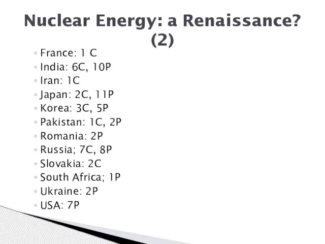 France: 1 C India: 6C, 10P Iran: 1C Japan: 2C, 11P Korea: