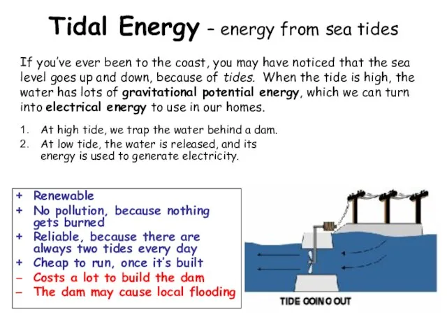Tidal Energy – energy from sea tides At high tide, we trap