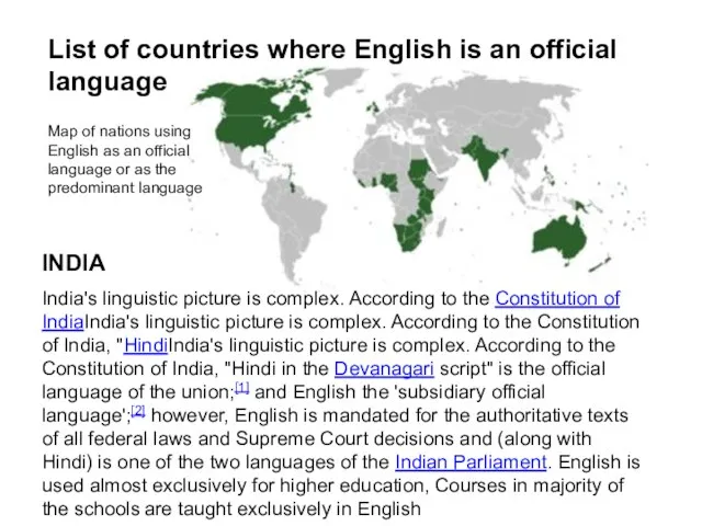 Map of nations using English as an official language or as the