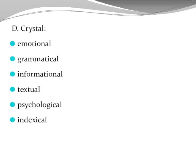 D. Crystal: emotional grammatical informational textual psychological indexical