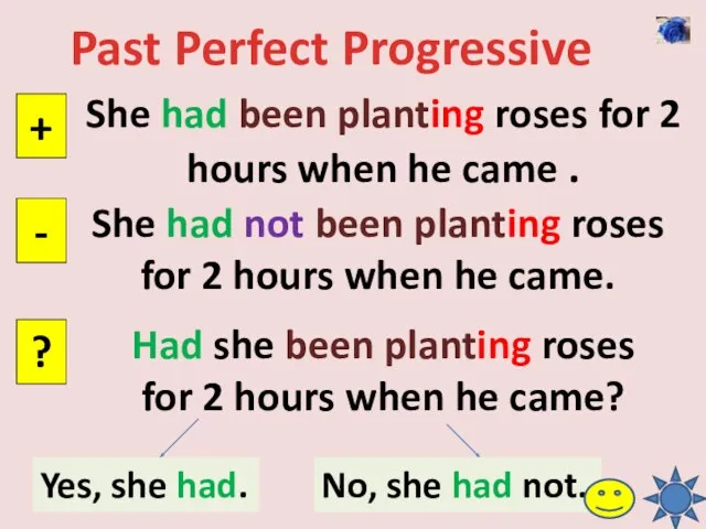 Past Perfect Progressive She had been planting roses for 2 hours when
