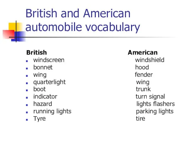 British and American automobile vocabulary British American windscreen windshield bonnet hood wing