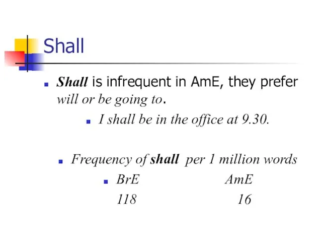 Shall Shall is infrequent in AmE, they prefer will or be going