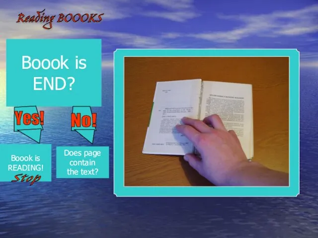 Boook is END? Reading BOOOKS Boook is READING! Stop Does page contain the text?