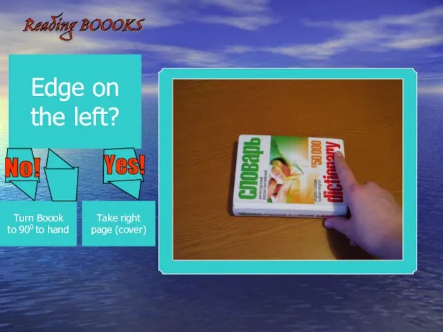 Reading BOOOKS Edge on the left? Turn Boook to 900 to hand Take right page (cover)