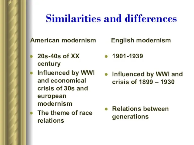 Similarities and differences American modernism 20s-40s of XX century Influenced by WWI