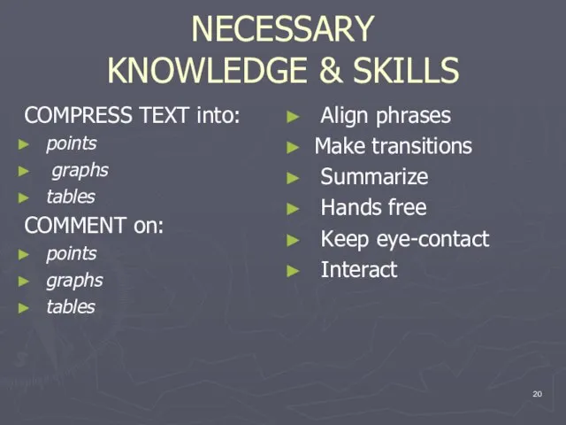 NECESSARY KNOWLEDGE & SKILLS COMPRESS TEXT into: points graphs tables COMMENT on: