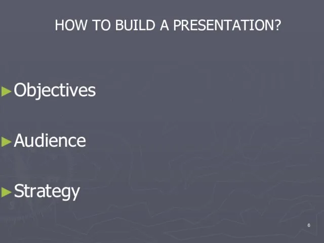 HOW TO BUILD A PRESENTATION? Objectives Audience Strategy