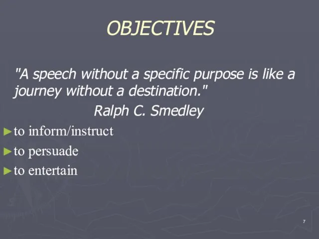 OBJECTIVES "A speech without a specific purpose is like a journey without