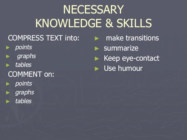 NECESSARY KNOWLEDGE & SKILLS COMPRESS TEXT into: points graphs tables COMMENT on: