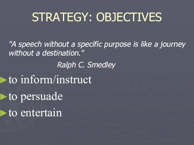 STRATEGY: OBJECTIVES "A speech without a specific purpose is like a journey