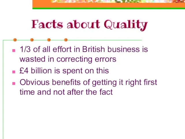 Facts about Quality 1/3 of all effort in British business is wasted