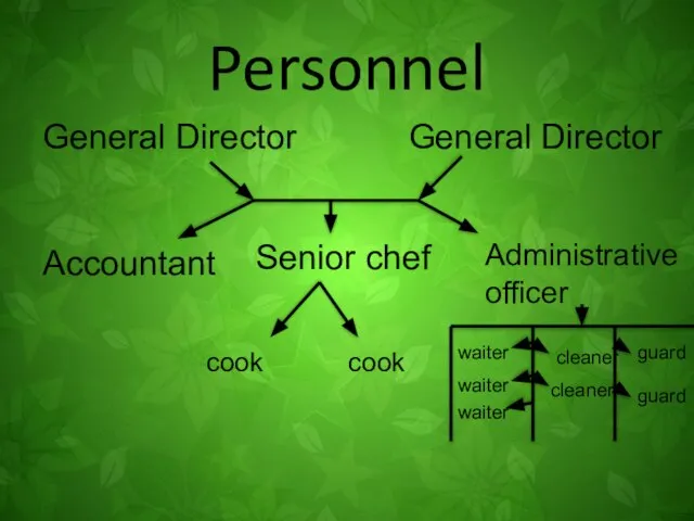 Personnel General Director General Director Accountant cook cook waiter waiter waiter cleaner