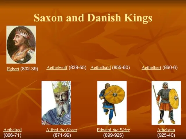 Egbert (802-39) Aethelwulf (839-55) Aethelbald (855-60) Aethelbert (860-6) Aethelred (866-71) Alfred the