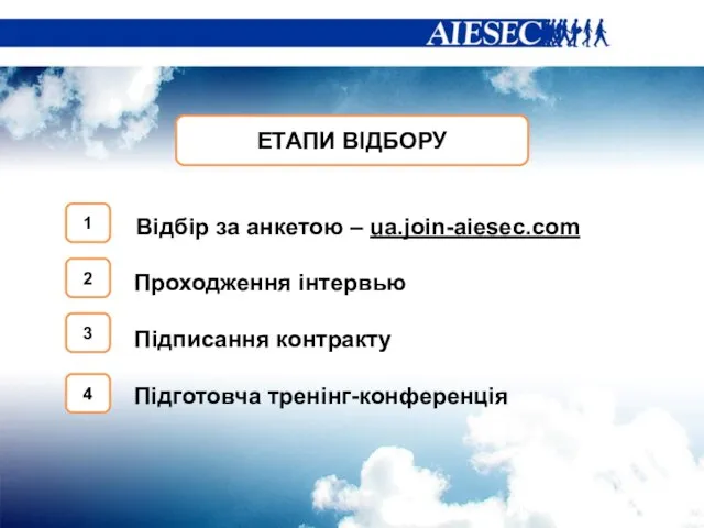 ЕТАПИ ВІДБОРУ Відбір за анкетою – ua.join-aiesec.com Проходження інтервью Підписання контракту Підготовча