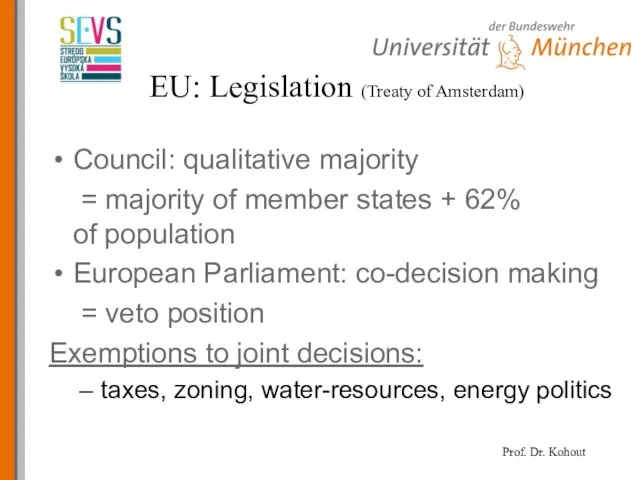 EU: Legislation (Treaty of Amsterdam) Council: qualitative majority = majority of member