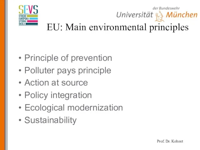 EU: Main environmental principles Principle of prevention Polluter pays principle Action at