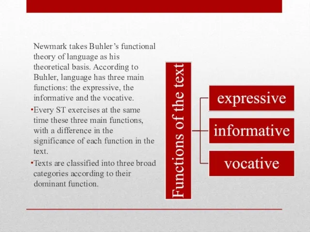 Newmark takes Buhler’s functional theory of language as his theoretical basis. According