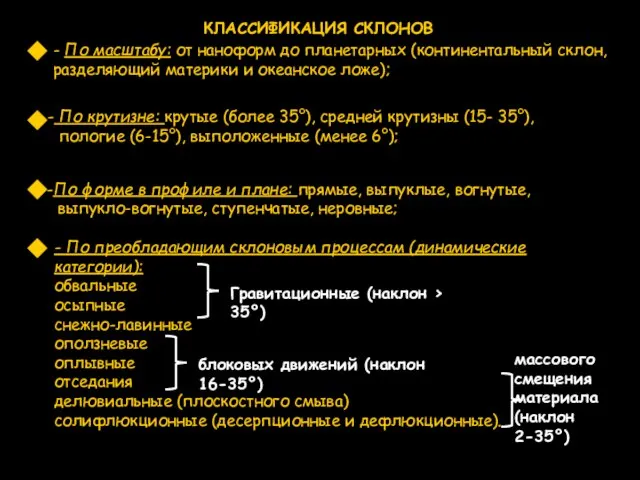 КЛАССИФИКАЦИЯ СКЛОНОВ - По преобладающим склоновым процессам (динамические категории): обвальные осыпные снежно-лавинные