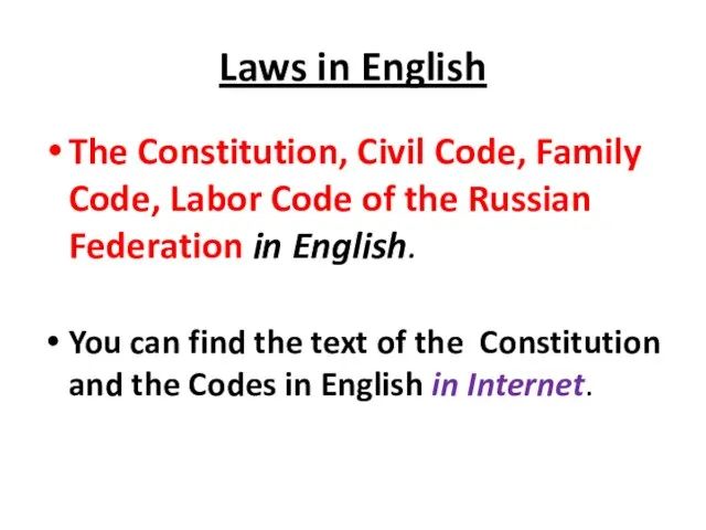 Laws in English The Constitution, Civil Code, Family Code, Labor Code of