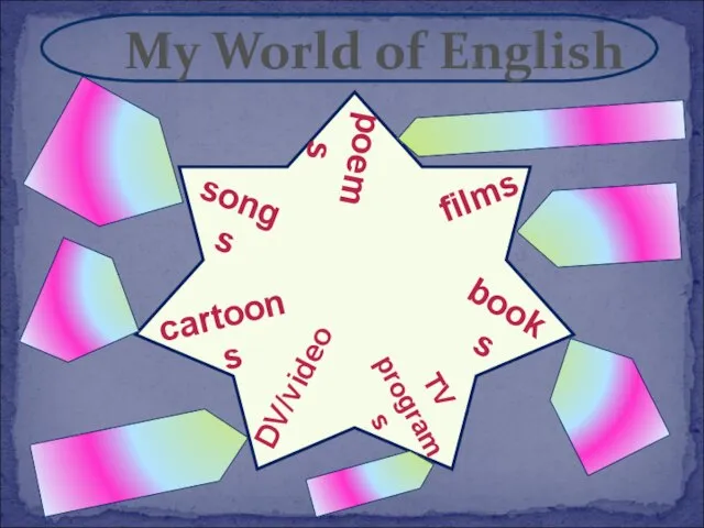 My World of English DV/video cartoons films poems books TV programs songs