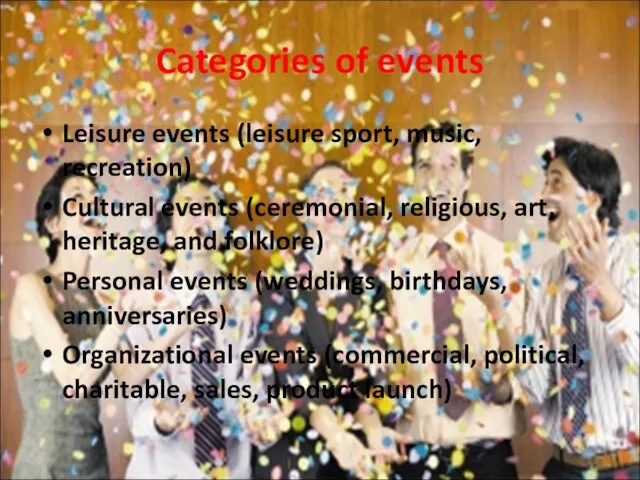 Categories of events Leisure events (leisure sport, music, recreation) Cultural events (ceremonial,