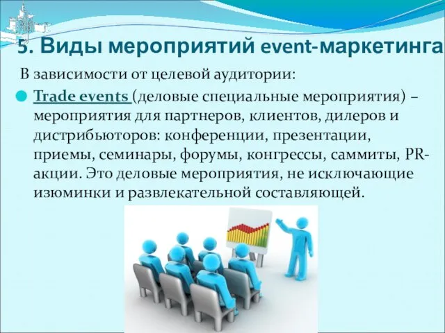 5. Виды мероприятий event-маркетинга В зависимости от целевой аудитории: Trade events (деловые