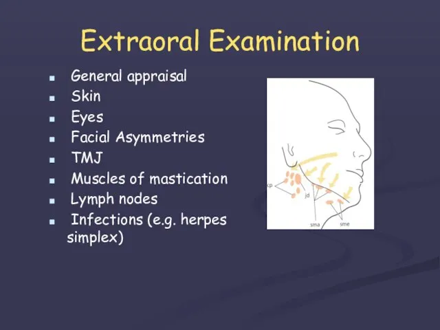 Extraoral Examination General appraisal Skin Eyes Facial Asymmetries TMJ Muscles of mastication