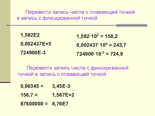 1,582·102 = 158,2 0,002437·105 = 243,7 724900·10-3 = 724,9 Перевести запись числа