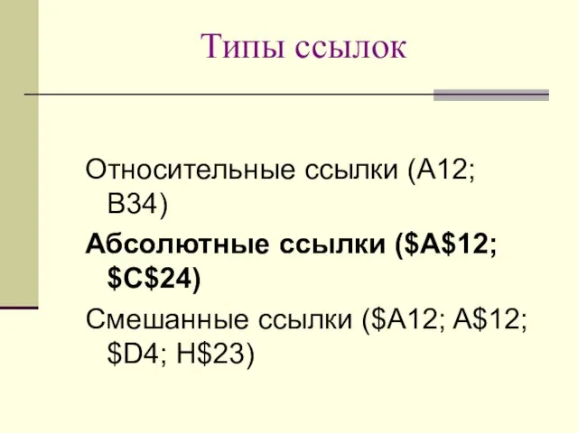 Типы ссылок Относительные ссылки (A12; B34) Абсолютные ссылки ($A$12; $C$24) Смешанные ссылки ($A12; A$12; $D4; H$23)