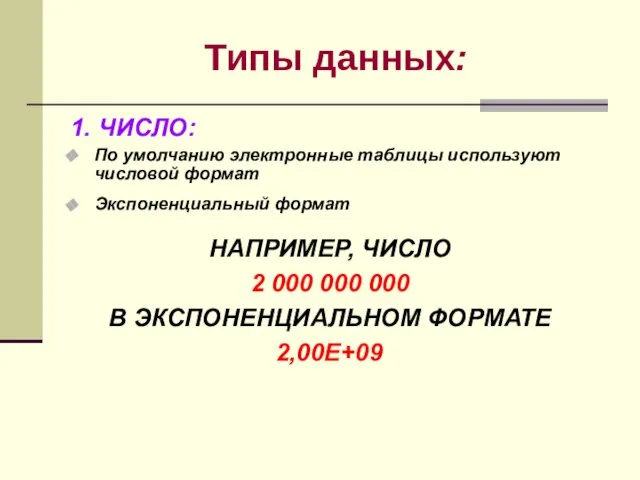 Типы данных: 1. ЧИСЛО: По умолчанию электронные таблицы используют числовой формат Экспоненциальный