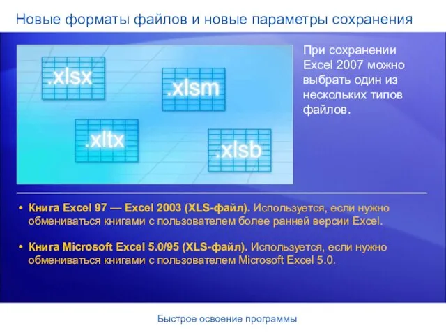 Быстрое освоение программы Новые форматы файлов и новые параметры сохранения При сохранении