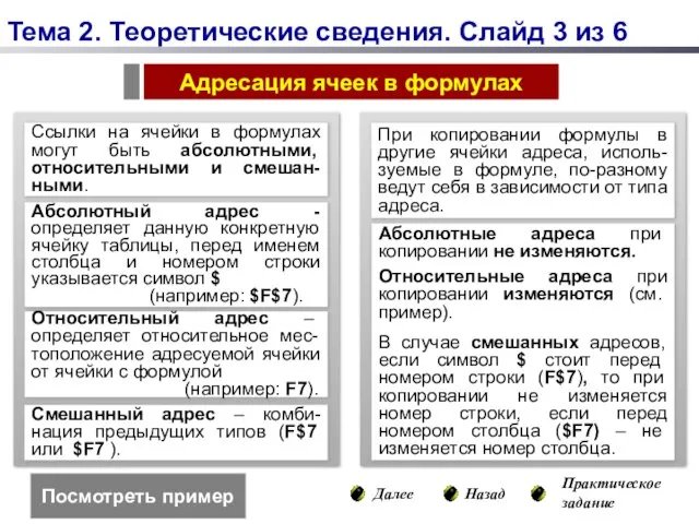 Посмотреть пример Далее Назад Практическое задание Тема 2. Теоретические сведения. Слайд 3